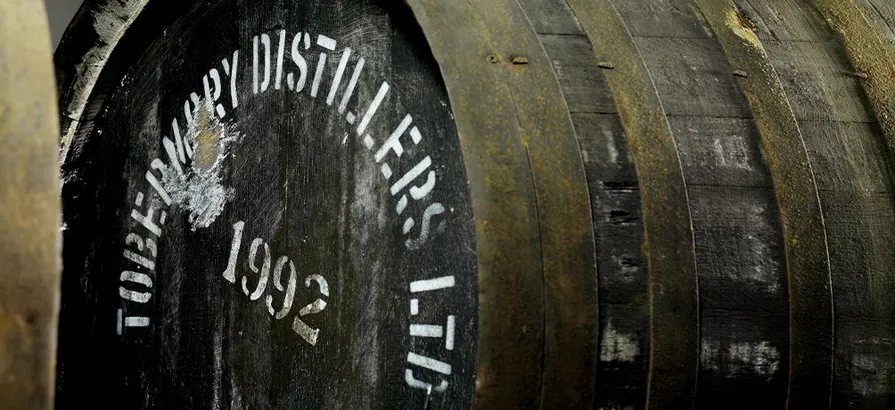 Close view on a Tobermory cask with the distillery's name and distilling date painted on the lid