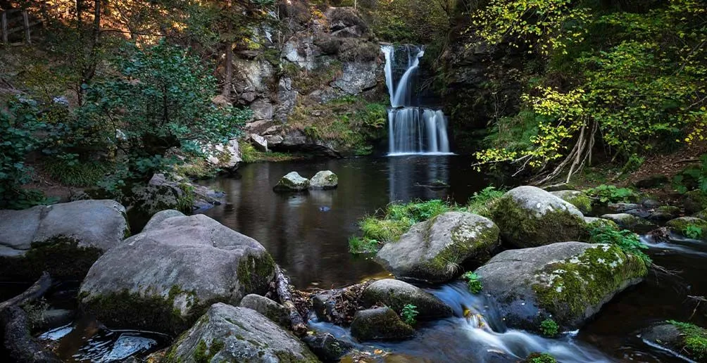 A spring pouring down into a small pond and keeping flowing through rocks in the middle of a wood in Speyside region, Scotland