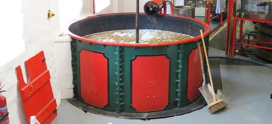 Famous bright red and green mash tuns of the Edradour distillery