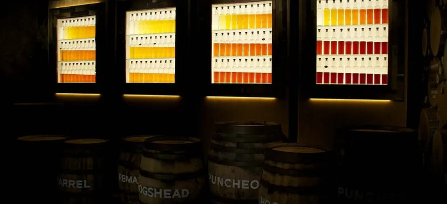 Shelf full of colorful sample bottles standing behind different types of casks