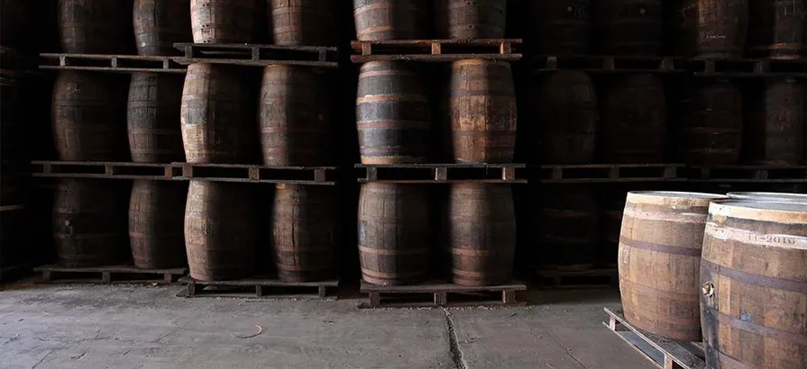 Sunlight landing on barrels stacked on top of each other in Foursquare warehouse
