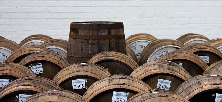 A cask made of dark coloured wood standing among other lying casks with different numbered labels attached on their lids