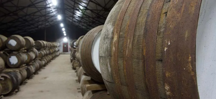 Path between two shelves full of casks leading to an exit door in Glenturret's warehouse