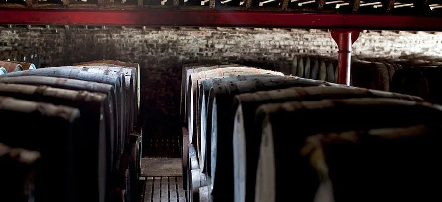 Casks stacked in rows on top of each other in Lagavulin's warehouse