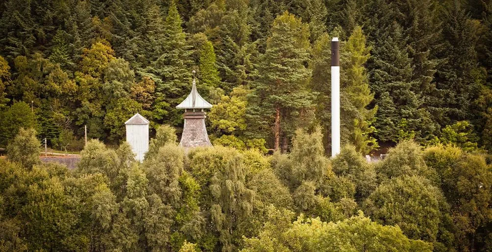 Speyburn's pagoda roof and chimney appearing among nature viewed from above