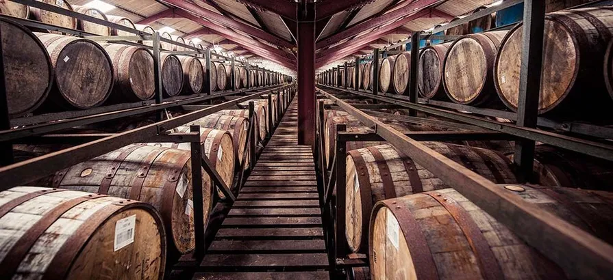 Casks stacked in shelves in Scapa's warehouse