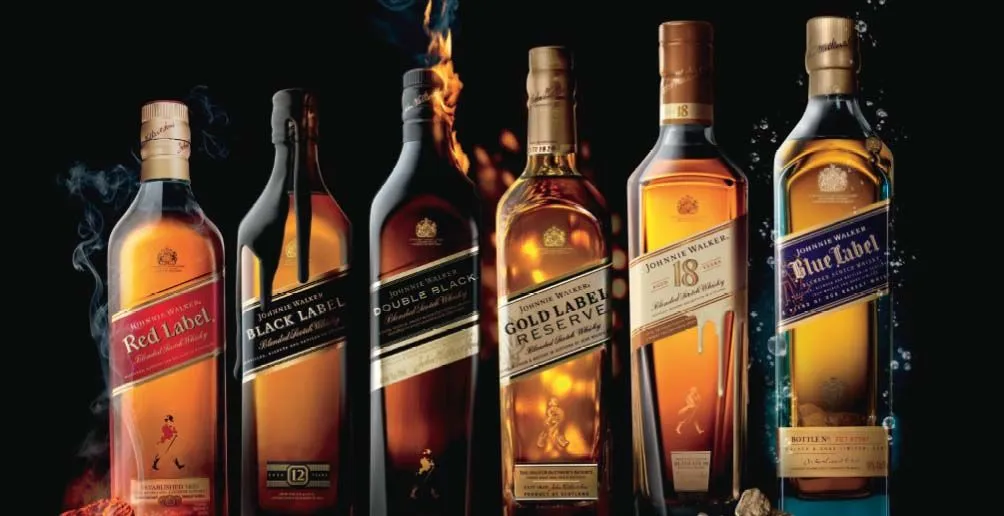 Johnie Walker's six different labels. From the left: Red Label, Black Label, Double Label, Gold Label, 18 y.o. Label and Blue Label