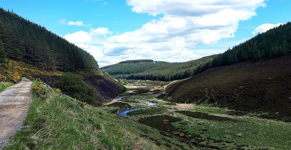 A wide view on the landscape of Speyside region with a valley surrounded by mountains full of green trees