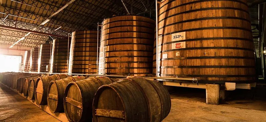 Row of casks lying in front of seven washbacks