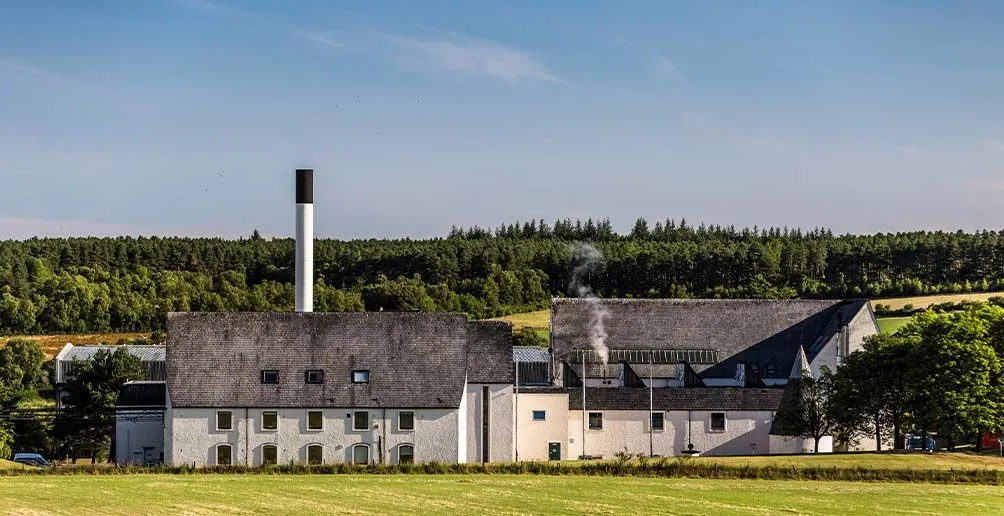 Auchroisk distillery with dark roofs and beige walls with steam coiling out located in front of a gree hill