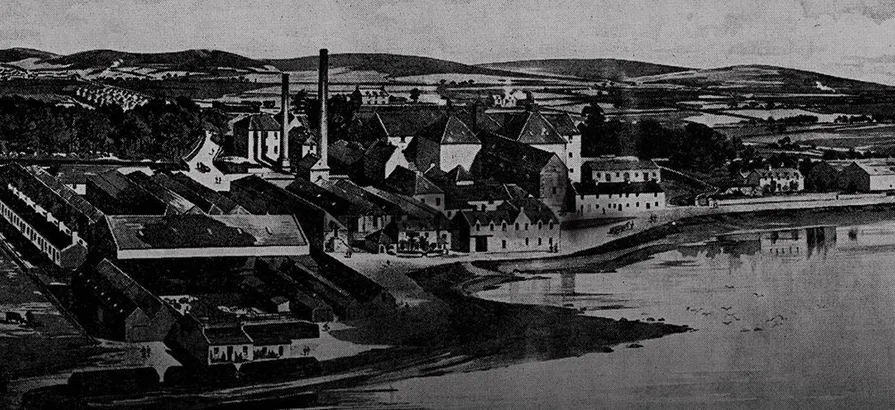 Black and white historical image of the whole Dalmore distillery area viewed from above