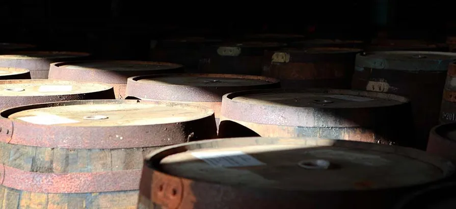 Sunshine landing on casks standing next to each other in Foursquare warehouse