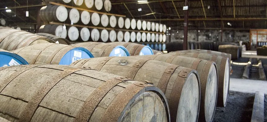 Casks lying in rows inside of the Ardmore warehouse