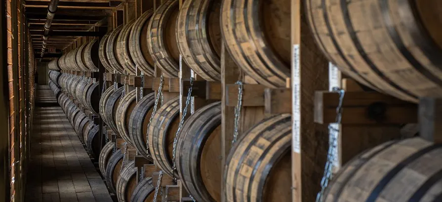 Row of whiskey barrels secured with chains in wooden shelves