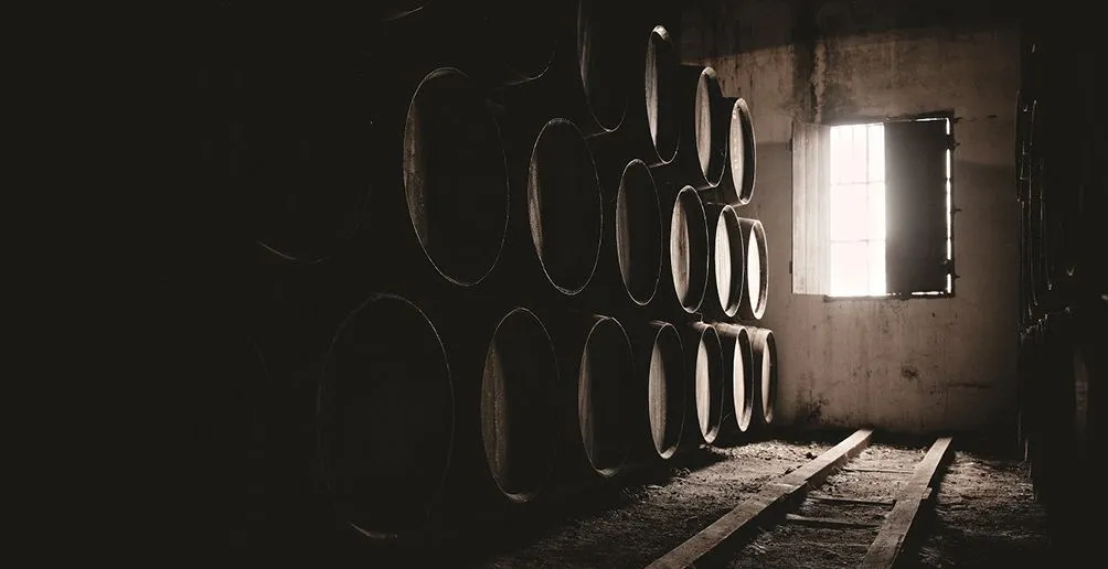 Sunlight through the window landing on rows of casks in Kininvie's warehouse