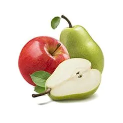 red apple with green pear and one pear sliced open